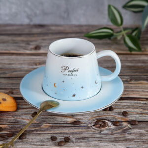 Gift mug with plate and spoon - Blue and pink