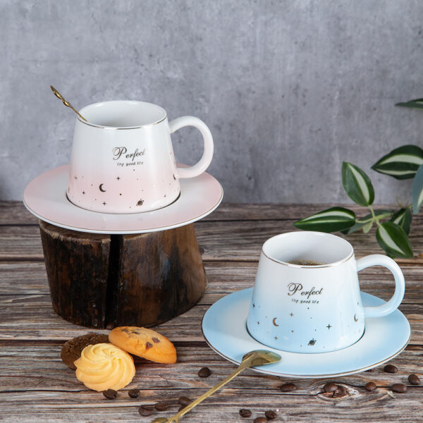 Gift mug with plate and spoon - Blue and pink